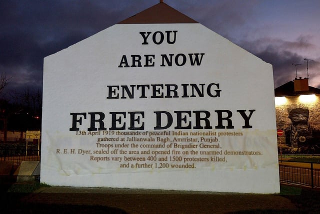 One of the projected images, on Free Derry Corner on Thursday evening, of the British colonial past from the ‘The Sun Never Set And The Blood Never Dries’ art project created by Art Everywhere.  The event was part of Bloody Sunday 51 anniversary. Photo: George Sweeney. DER2305GS – 107