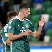 Northern Ireland’s Eoin Toal at the final whistle after being defeated 0-1 by Slovenia during Tuesday’s UEFA Euro 2024 Qualifier at the National Football Stadium at Windsor Park, Belfast. Photo by William Cherry