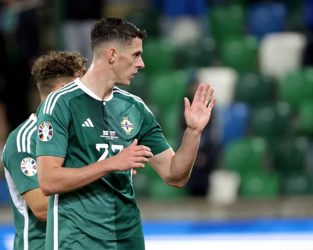 Northern Ireland’s Eoin Toal at the final whistle after being defeated 0-1 by Slovenia during Tuesday’s UEFA Euro 2024 Qualifier at the National Football Stadium at Windsor Park, Belfast. Photo by William Cherry