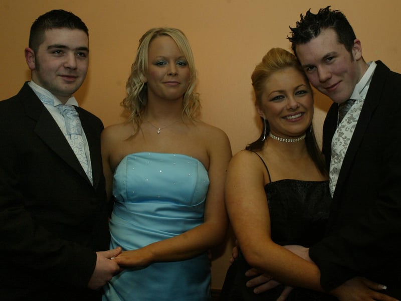 Kevin Meehan and Helen Brolly with friends Aoife McEleney and .  (0203JB36):Attendees enjoying the Thornhill College formal in April 2004.