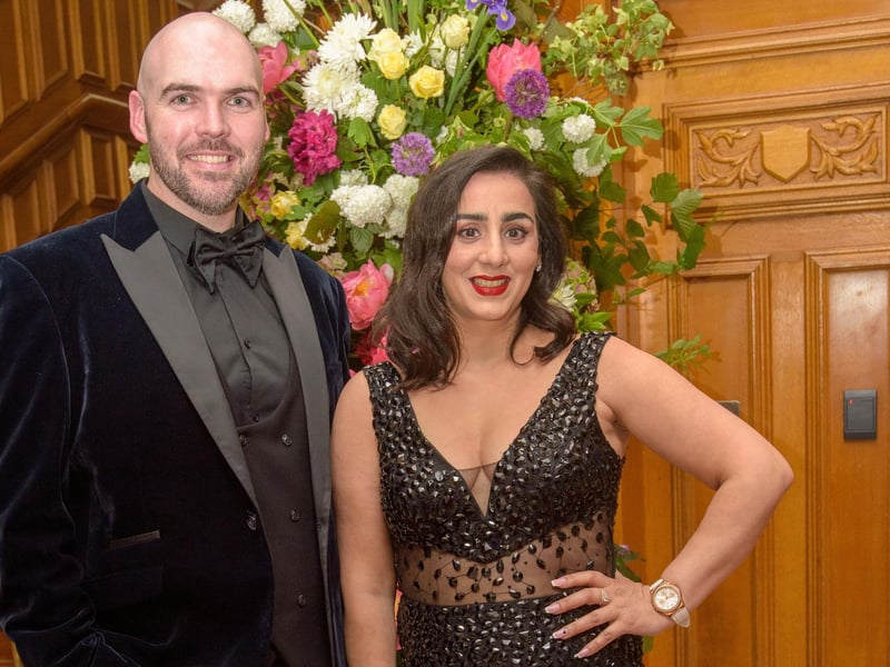 The Mayor Councillor Patricia Logue hosted the annual Mayor’s Ball in the Guildhall in aid of her crossed Charities the Foyle Hospice and Ryan McBride Foundation. Pictured at the event are guests, Micheal Farrell and Cristina Kozak.  Picture Martin McKeown. 24.05.24