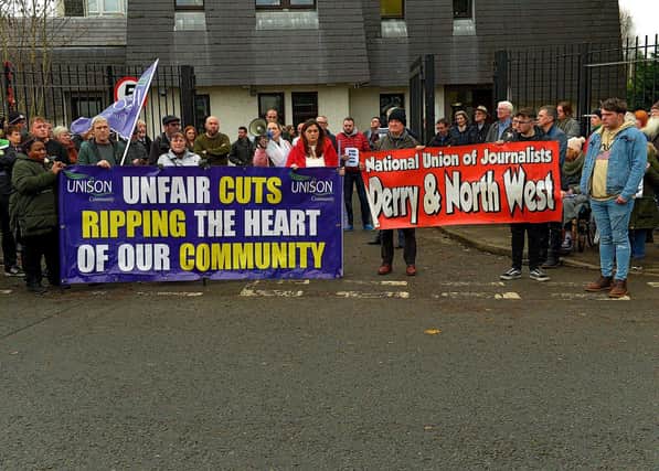 Trade unionists, politicians and supporters gather outside BBC Radio Foyle, on Northland Avenue, protesting against proposed cuts to jobs and services by BBC Northern Ireland as part of a cost-cutting and restructuring project. Photo: George Sweeney. DER2248GS – 41