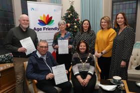 Mayor Patricia Logue with prizewinners in the Age Friendly "Your Happy Place" competition, at a reception held in the Mayor's Parlour. Seated is David Fahy, winner. Standing, from left, are Peter Davidson, 2nd place, Linga Ming, 3rd place, Ciara Burke, Age Friendly co-ordinator, Sonia Montgomery, WHSCT, and Heather Hamilton, Public Health Agency. (Photo - Tom Heaney, nwpresspics)