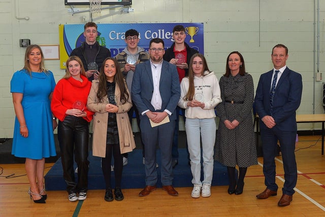 Top Leaving Certificate Students, pictured at the annual Crana College Prize Giving on Friday afternoon last with Ms Clare Bradley (BOM), on the left, Mr  Dean Harron, guest speaker, Ms Sinead Anderson deputy principal and Mr Kevin Cooley principal. Photo: George Sweeney DER2246GS - 97