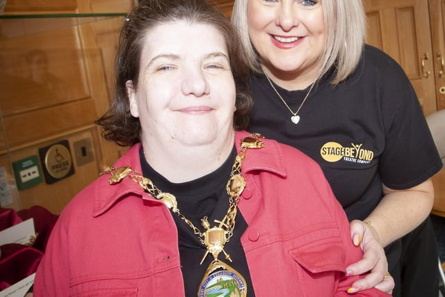 Stage Beyond member Catherine Campbell looking the part with Mayor of Derry and Strabane, Councillor Sandra Duffy who hosted a special reception in the Guildhall on Tuesday. 