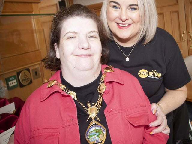 Stage Beyond member Catherine Campbell looking the part with Mayor of Derry and Strabane, Councillor Sandra Duffy who hosted a special reception in the Guildhall on Tuesday.