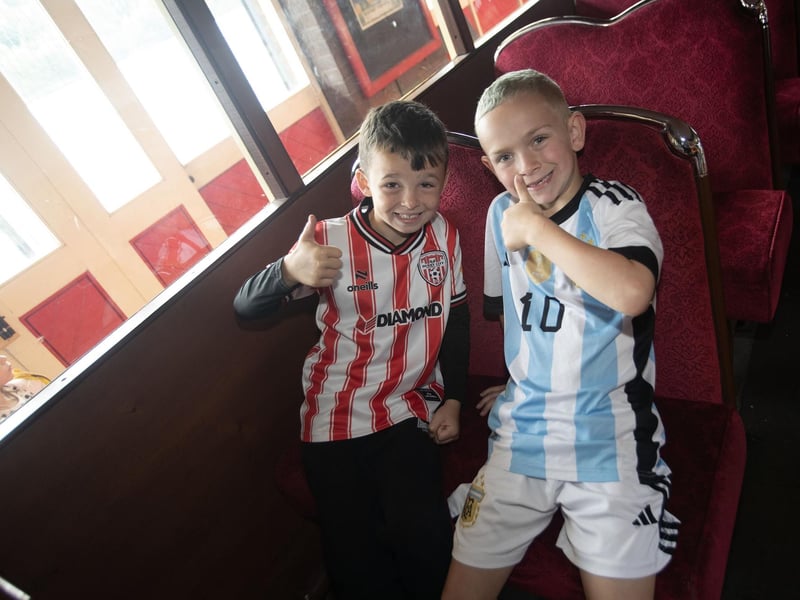 Exploring one of the trains on view at the Destined BBQ and Fun Day are Tiernan McGuinness and Sean Trusz.