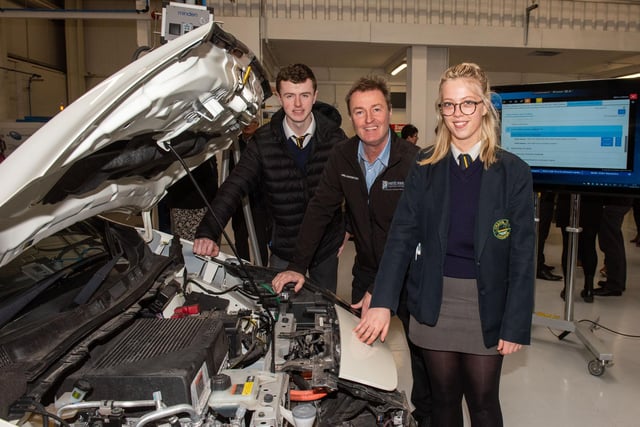 Eoin and Kate from Crana College pictured with Paul Harrison at Open Day at NWRC's Springtown Campus. 