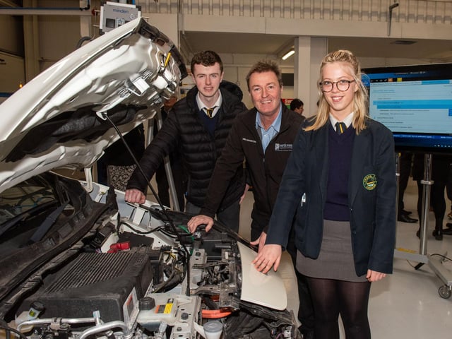 Eoin and Kate from Crana College pictured with Paul Harrison at Open Day at NWRC's Springtown Campus.