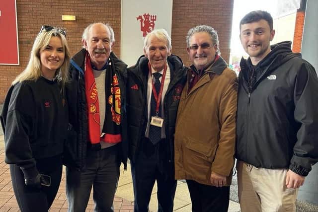Sean (second from left) pictured with his ‘mentor’ Pat Crerand whey they met at Old Trafford recently. Included with Sean and Pat are, from left, Laura Clifford, Eamonn Davis and Stephen O’ Byrne.