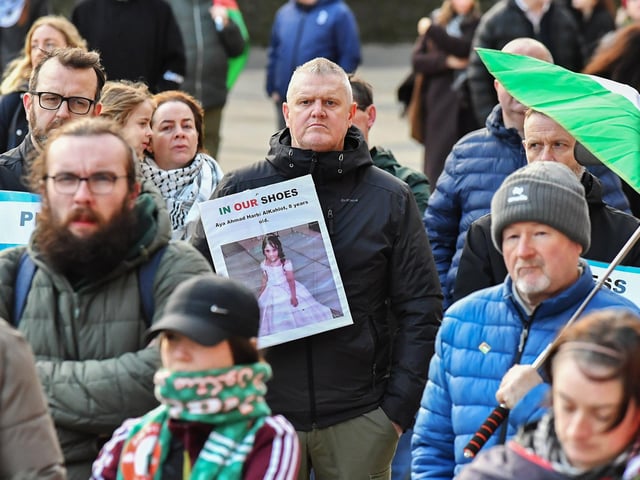Supporters attend the pro-Palestinian solidarity rally in Derry on Saturday afternoon. Photo: George Sweeney