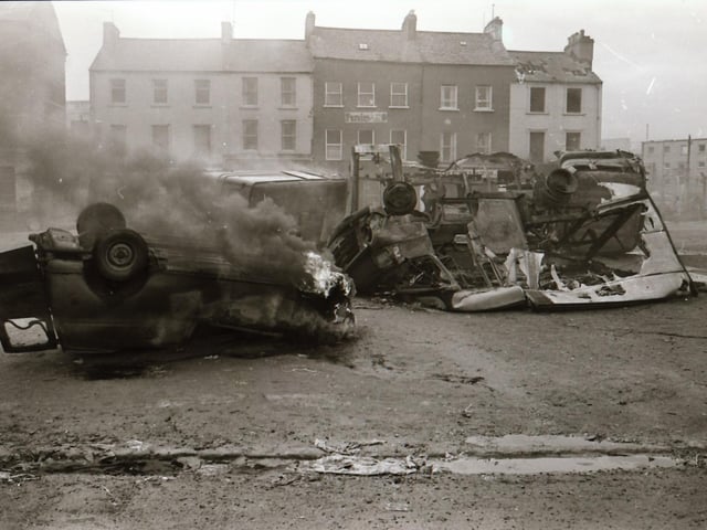 The aftermath of rioting in Derry back in February 1976.