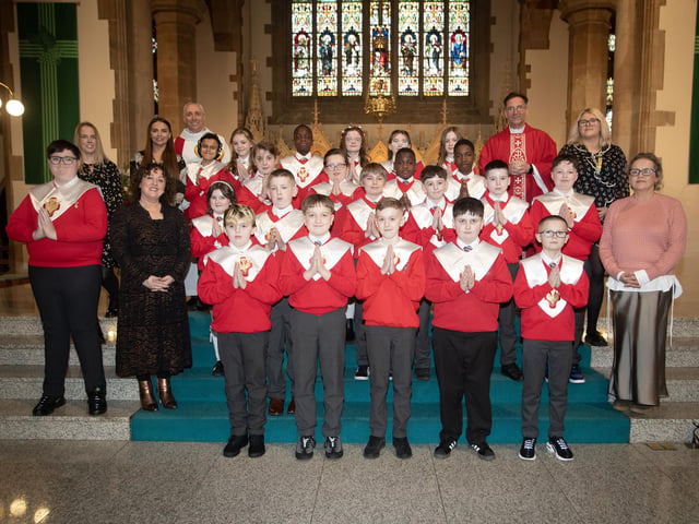 ST. EUGENE'S CONFIRMATION. . . . .Mrs Carson's P7 Class from St. Eugene's Primary School who received the Sacrament of Confirmation from Fr. Sean Doherty at St. Eugene's Cathedral on Thursday last. Included in photo is Fr. Paul Farren, and classroom assistants Ms. Scarlet, Ms. Carlin, Ms. Barbour and Ms. Kelly. (Photo: Jim McCafferty Photography)