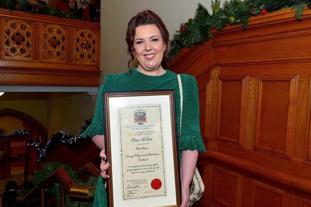 Lisa McGee, creator of Derry Girls, who was conferred with the Freedom of Derry City and Strabane by councillors on Monday evening in the Guildhall. Photo: George Sweeney. DER2249GS
