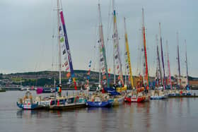 The colourful Clipper Race Fleet moored at the Foyle Marina. Photo: George Sweeney.  DER2228GS – 049