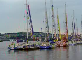 The colourful Clipper Race Fleet moored at the Foyle Marina. Photo: George Sweeney.  DER2228GS – 049