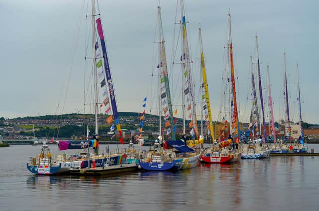 The colourful Clipper Race Fleet moored at the Foyle Marina. Photo: George Sweeney.  DER2228GS – 049