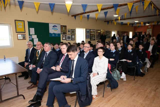 Guests at the Official Opening of the Muff to Quigleys Point Greenway by Jack Chambers TD, Minister of State at the Department of Transport and at the Department of Environment, Climate and Communications. Front seated from left are John McLaughlin, CE Donegal County Council,  Cllr. Terry Crossan, Caithoirleach Inishowen Municipal District, Cllr. Gerry McMonagle, Leas Cathaoirleach, Donegal County Council, Charlie McConalogue TD, Minister for Agriculture Food and Marine and Jack Chambers, Minister of State at the Department of Transport and at the Department of Environment, Climate and Communications. Photo Clive Wasson