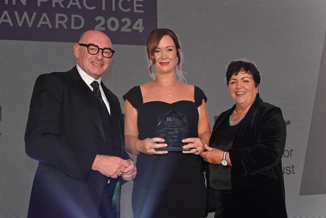 John D’Arcy, The Open University, Teresa Frazer, winner of the Learning in Practice Award sponsored by The Open University and Rita Devlin, Director, RCN Northern Ireland. Pictures: Simon Graham