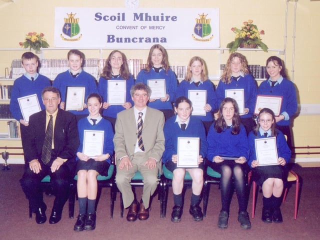 Certificate of merit winners with Frank McHale, left, Parent's Council, and Liam Rainey, principal. (2005MG08)