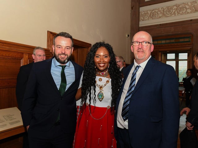 SDLP Colr Lilian Seenoi-Barr, newly elected mayor of Derry and Strabane, pictured with SDLP leader Colum Eastwood MP and her husband Patrick. Photo: George Sweeney.