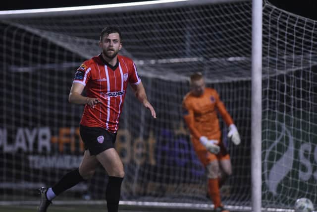 Derry’s Will Patching celebrates scoring his second goal from the penalty spot against Dundalk at Oriel Park. Mandatory Credit ©Ciaran Culligan