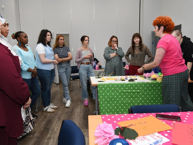 Facilitator Elaine Taylor, Anann's Arch, conducting one of the workshops on Saturday last. : .