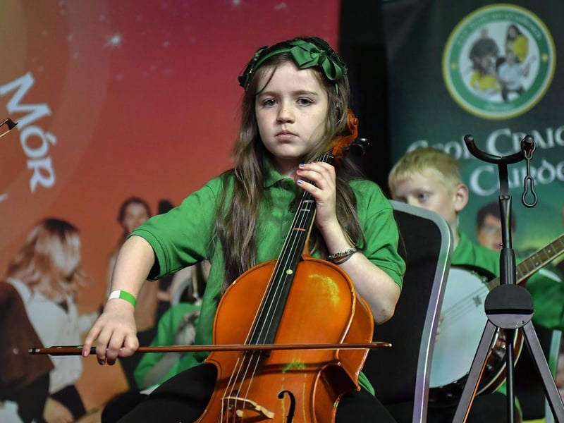 A young musician playing during the Fleadh Mhór Dhoíre Céili Bands competition held in Studio 2. Photo: George Sweeney