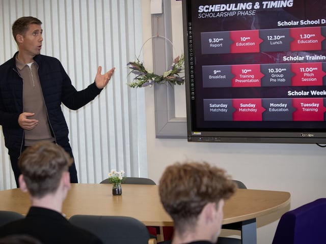 Daniel Harrison, Director of Operations, Steven Gerrard Academy explaining the scheduling and timing of the scholarship phase of year's programme to students. (Photos: Jim McCafferty Photography)