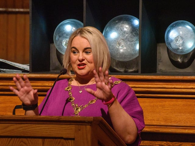 The Mayor Councillor Sandra Duffy hosted an evening to mark International Womens Day in the Guildhall which included a performance by Colmcille Ladies Choir, an address by Mary Keogh aMartin McKeownnd a comical speech by Charmaine O’Donnell compered by Jeananne Craig. Picture Martin McKeown. 08.03.2
