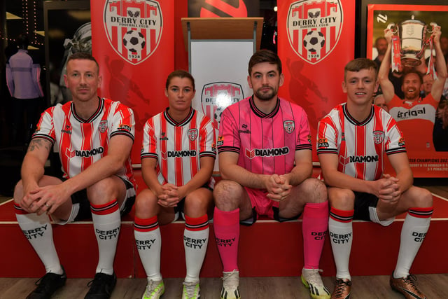 Derry City players Shane McEleney, Shannon Dunne, Tadhg Ryan and Carion Harkin pictured at the official launch of the club’s 2024 home shirt at O’Neill’s superstore on Wednesday evening. Photo: George Sweeney