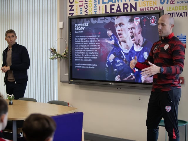 Derry City's Technical Director, Mark McCrystal addressing the students at Thursday's event. (Photo: Jim McCafferty)