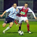 Alan Cawley battles with Ciaran Martyn during his spell with St. Patrick's Athletic. The RTE pundit will be on duty this weekend at Brandywell. 0904MW25