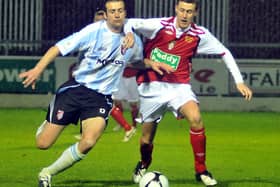 Alan Cawley battles with Ciaran Martyn during his spell with St. Patrick's Athletic. The RTE pundit will be on duty this weekend at Brandywell. 0904MW25