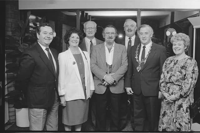Colr. Annie Courtney when chairperson, Amenities and Leisure Department, City Council, with then Mayor of Derry, Councillor Tony Carlin, and others at the opening night of the North-West Arts Festival. (201107TGB04)