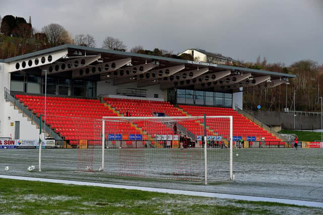 Snow covered Ryan McBride Brandywell Stadium on Monday afternoon. Picture: George Sweeney. DER2304GS – 16