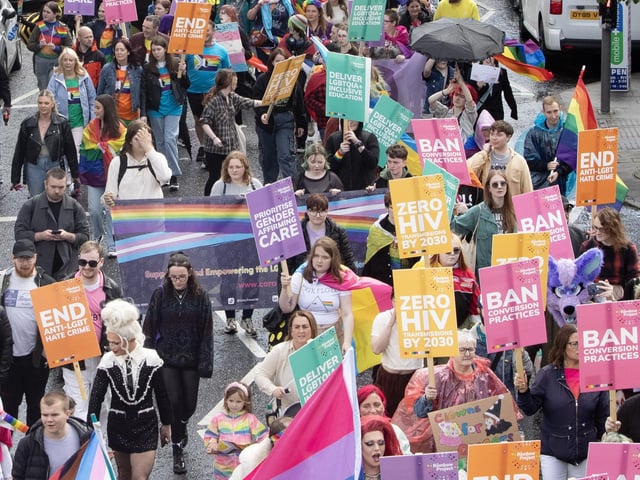 The Foyle Pride Parade making its way up Carlisle Road on Saturday. (Photos: Jim McCafferty Photography)