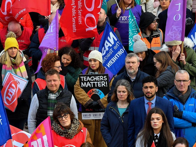 Teachers' unions members and supporters hold a strike rally in Guildhall Square on Tuesday morning. Photo: George Sweeney. DER2308GS 59