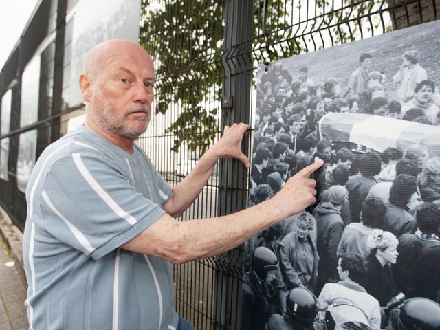 Neal McCafferty picks himself out in one of the photos at Friday's exhibition at Pilot's Row. The event is part of the Feile 23 series.