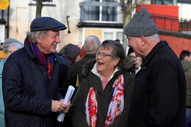 The Reverend David Laitimer, Kay Duddy and Bishop Donal McKeown at the Annual Bloody Sunday Remembrance Service held at the monument in Rossville Street on Sunday morning.  Photo: George Sweeney