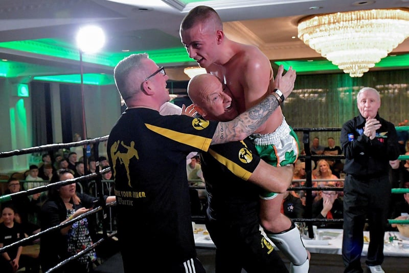 March 2023: Rathmor Warriors’ Jake Mooney celebrates his defeat of Dennis Lafferty, SMAA, in the WKU Pro-Am World Title bout,at the Everglades Hotel. Photo: George Sweeney