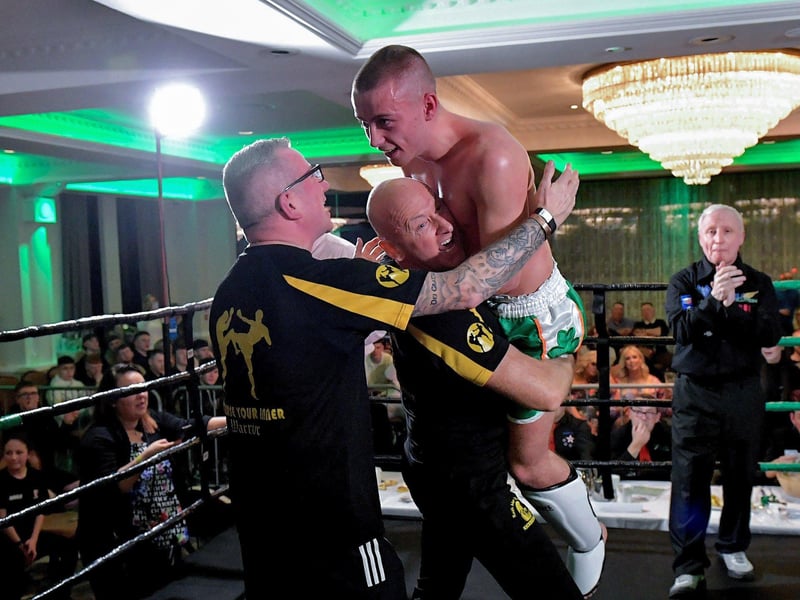 March 2023: Rathmor Warriors’ Jake Mooney celebrates his defeat of Dennis Lafferty, SMAA, in the WKU Pro-Am World Title bout,at the Everglades Hotel. Photo: George Sweeney