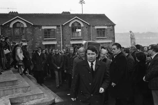 Patsy Duffy's coffin is carried from the Long Tower Church in December 1978.