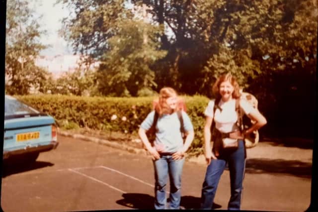 Kate and Breda heading off to hitchhike to 'some festival or other', summer 1981
