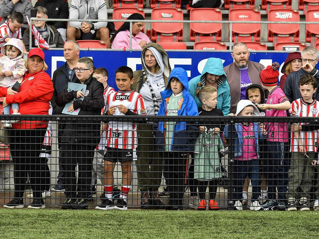 Fans attend the Derry City open training session on Monday morning in Brandywell Stadium. The event was organised at part of the Gasyard Feile. Photo: George Sweeney / Derry Journal