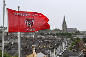 A Derry City flag flies from Celtic Park for the final time on Friday night. Photo by Stephen McCarthy/Sportsfile