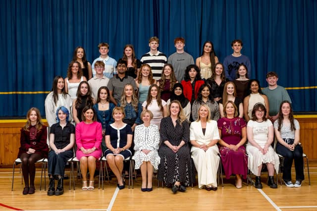 Excellence in A2 Results: Some of the pupils who achieved 3 A grades or more in their A2 Examinations with Ms Niamh Hargan (Guest Speaker), Mrs Jacinta Bradley (Vice Chairperson, Board of Governors), Dr Marie Ferris (Principal), Mrs Brónach O’Hare (Vice Principal),Ms Catherine Hughes(Senior Teacher)& Ms Maeve Mc Menamin (Senior Teacher). Lumen Christi College.