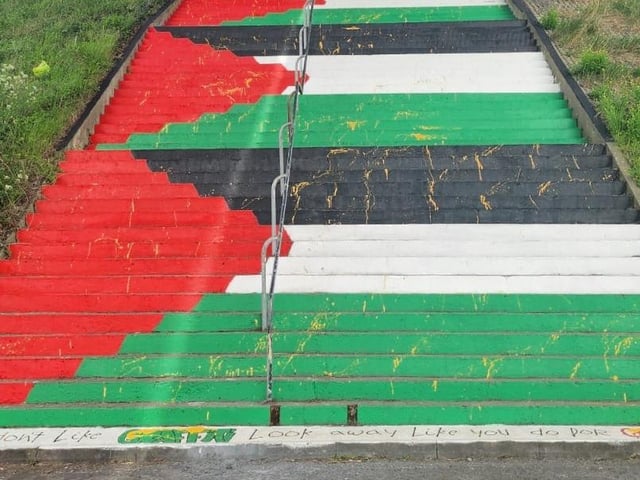 Pro-Palestinian campaigners in Derry have expressed ‘disgust and anger’ after steps painted in the pan-Arab colours under the Foyle Bridge were daubed with paint overnight.