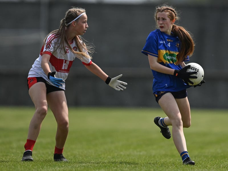 Action from the 2023 All-Ireland U14 Gold Final between Derry and Tipperary at Clan na Gael GAA Club in Dundalk, Louth. Photo by Stephen Marken/Sportsfile