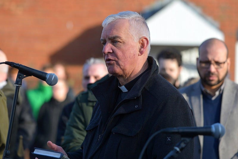 Father Michael Canny, Vicar General of the Derry Diocese, leads prayers at the Annual Bloody Sunday Remembrance Service held at the monument in Rossville Street on Sunday morning. Photo: George Sweeney. DER2306GS – 14